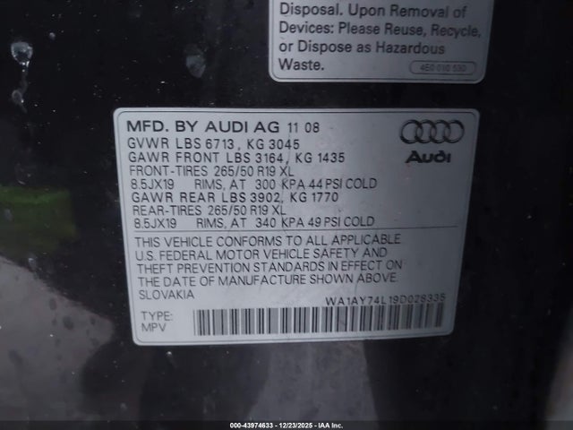 2009 Audi Q7 3.6 Premium მანქანა იყიდება აუქციონზე, vin: WA1AY74L19D028335, აუქციონის ნომერი: 43974633