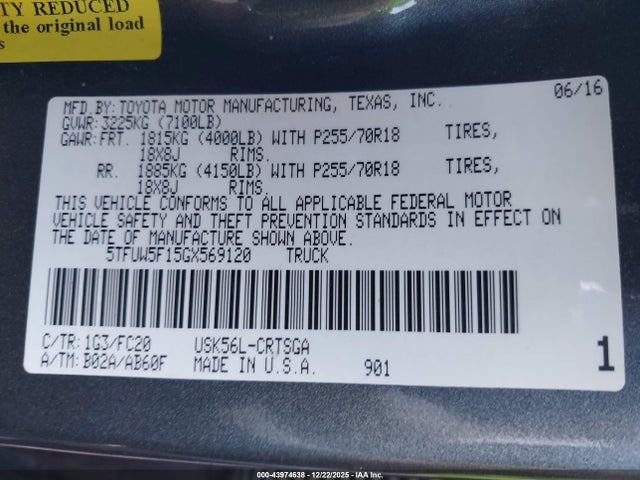 5TFUW5F15GX569120 Toyota Tundra Sr5 5.7l V8