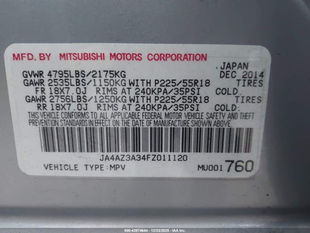 2015 MITSUBISHI OUTLANDER JA4AZ3A34FZ011120 Photo 8