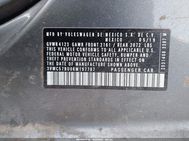 Продаж на аукціоні авто 2019 Volkswagen Jetta 1.4t R-line/1.4t S/1.4t Se, vin: 3VWC57BU0KM197787, номер лоту: 43974708