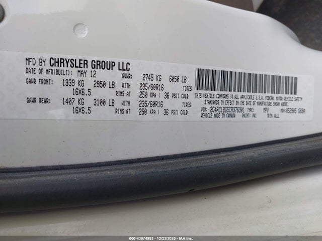 43974993 :رقم المزاد ، 2C4RC1BG5CR376301 vin ، 2012 Chrysler Town & Country Touring مزاد بيع