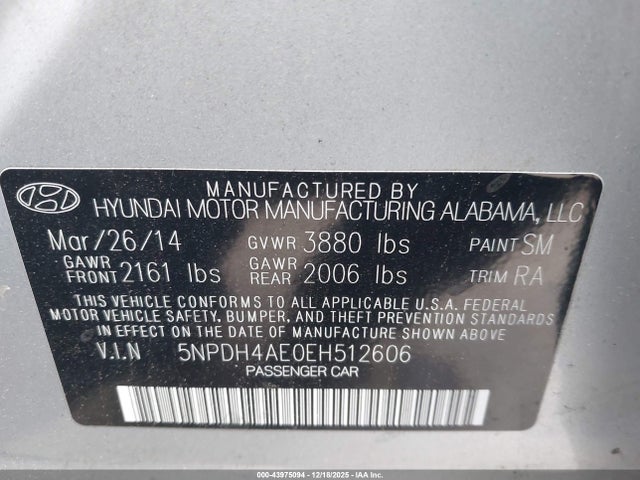 5NPDH4AE0EH512606 Hyundai ELANTRA SE