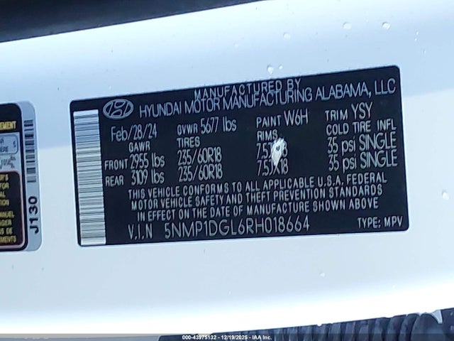 Aukcja sprzedaży 2024 Hyundai Santa Fe Se, vin: 5NMP1DGL6RH018664, numer aukcji: 43975132