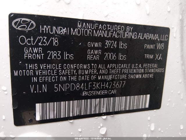 Aukcja sprzedaży 2019 Hyundai Elantra Sel, vin: 5NPD84LF3KH423677, numer aukcji: 43975222