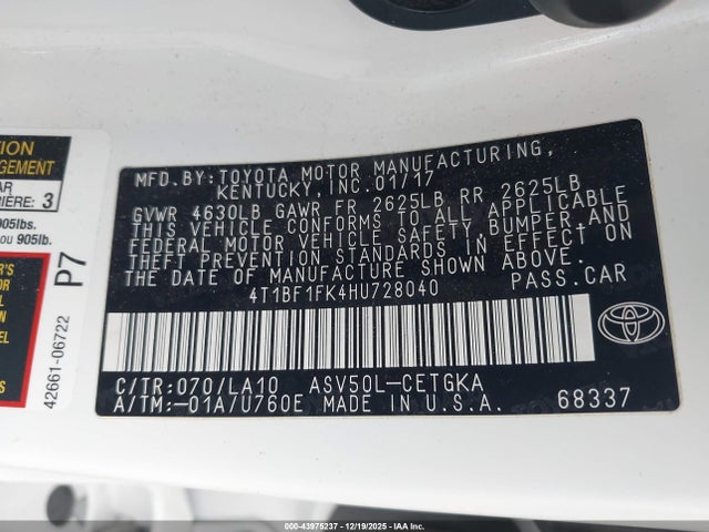 Toyota CAMRY XLE 2017 4T1BF1FK4HU728040 Image 9