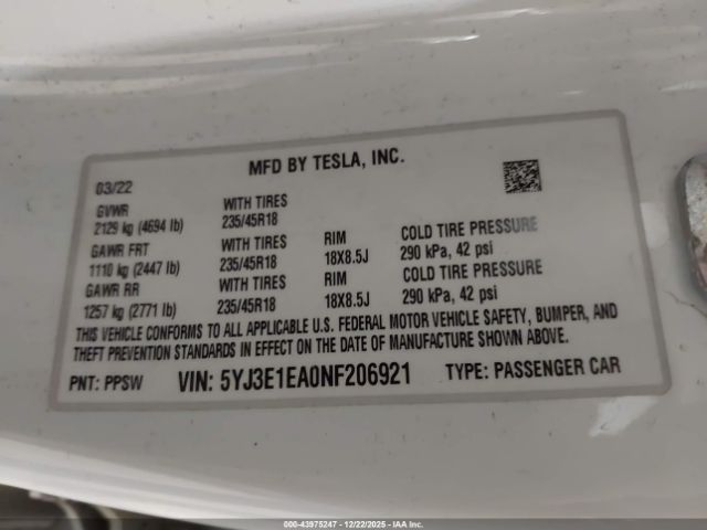 2022 TESLA MODEL 3 5YJ3E1EA0NF206921 Photo 8