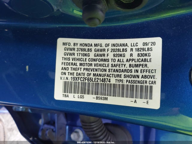 Honda Civic Lx 2020 19XFC2F65LE214874 Image 9