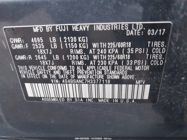 Subaru Outback 2.5i Limited 2017 4S4BSANC7H3377118 Image 9