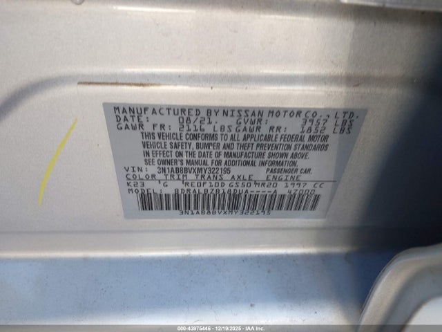 Aukcja sprzedaży 2021 Nissan Sentra S Xtronic Cvt, vin: 3N1AB8BVXMY322195, numer aukcji: 43975446