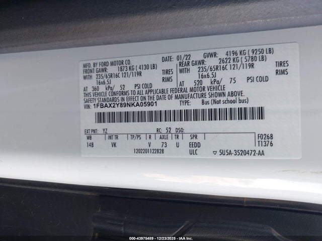 Aukcja sprzedaży 2022 Ford Transit Passenger Xl, vin: 1FBAX2Y89NKA05901, numer aukcji: 43975489