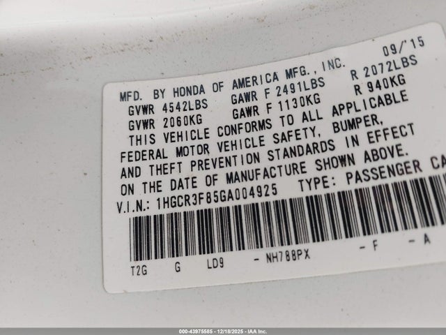 1HGCR3F85GA004925 Honda Accord Ex-l V-6