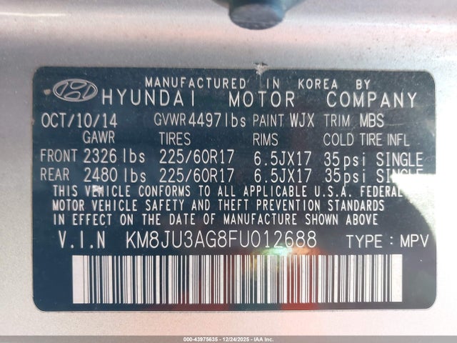 KM8JU3AG8FU012688 Hyundai TUCSON SE