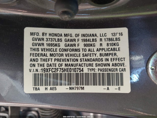 Honda CIVIC EX 2017 19XFC2F75HE010754 Image 9