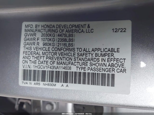 43975757 :رقم المزاد ، 1HGCV1F43NA114608 vin ، 2022 Honda Accord Sport Special Edition مزاد بيع