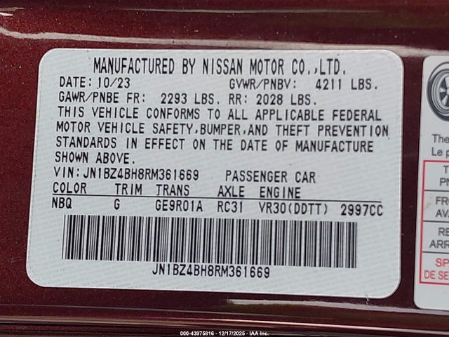 43975816 :رقم المزاد ، JN1BZ4BH8RM361669 vin ، 2024 Nissan Z Performance Auto مزاد بيع