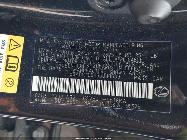 Продаж на аукціоні авто 2016 Lexus Es 350, vin: 58ABK1GG4GU030539, номер лоту: 43975834