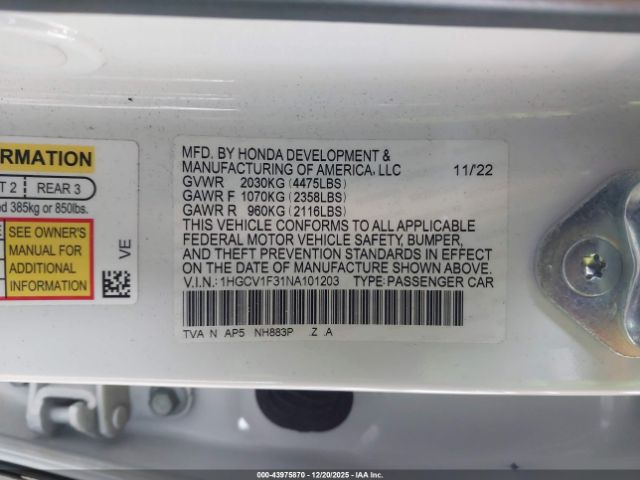 2022 HONDA ACCORD 1HGCV1F31NA101203 Photo 8