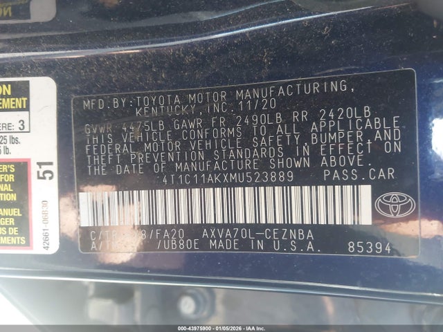 Продажа на аукционе авто 2021 Toyota Camry Le, vin: 4T1C11AKXMU523889, номер лота: 43975900