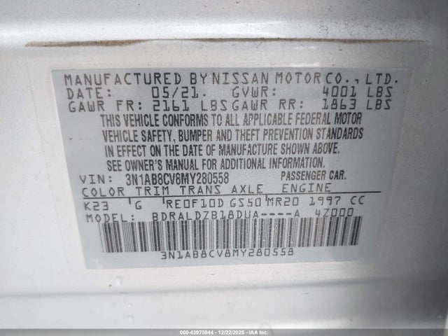 Продаж на аукціоні авто 2021 Nissan Sentra Sv Xtronic Cvt, vin: 3N1AB8CV8MY280558, номер лоту: 43975944