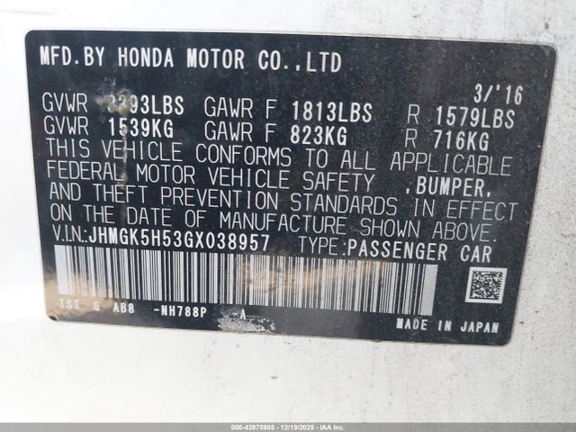 2016 HONDA FIT JHMGK5H53GX038957 Photo 8