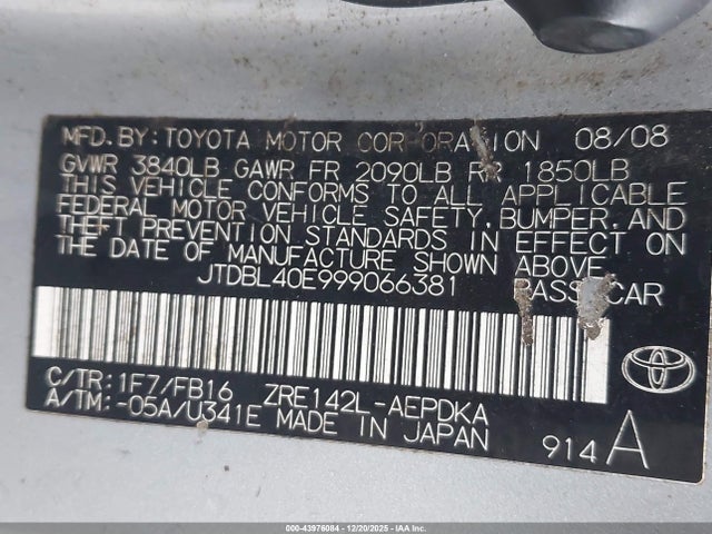 43976084 :رقم المزاد ، JTDBL40E999066381 vin ، 2009 Toyota Corolla Le مزاد بيع