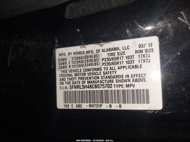 2012 HONDA ODYSSEY 5FNRL5H48CB075702 Photo 8