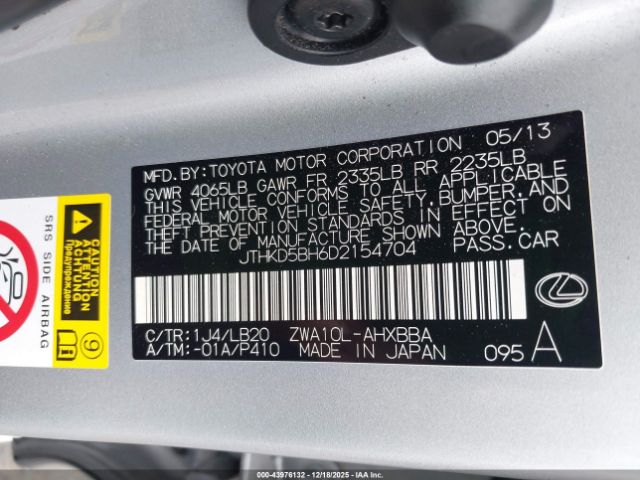 2013 LEXUS CT 200H JTHKD5BH6D2154704 Photo 8