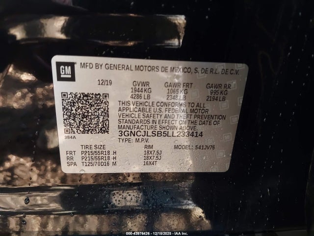 3GNCJLSB5LL233414 Chevrolet Trax Fwd Lt