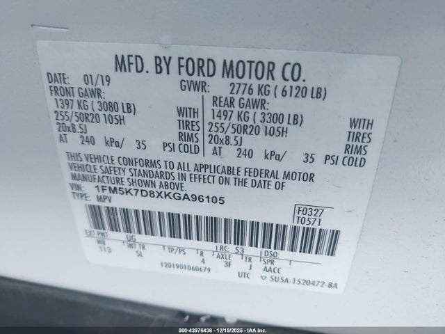 1FM5K7D8XKGA96105 Ford EXPLORER XLT