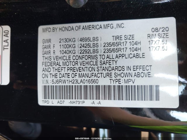 5J6RW1H23LA016560 Honda Cr-v 2wd Lx