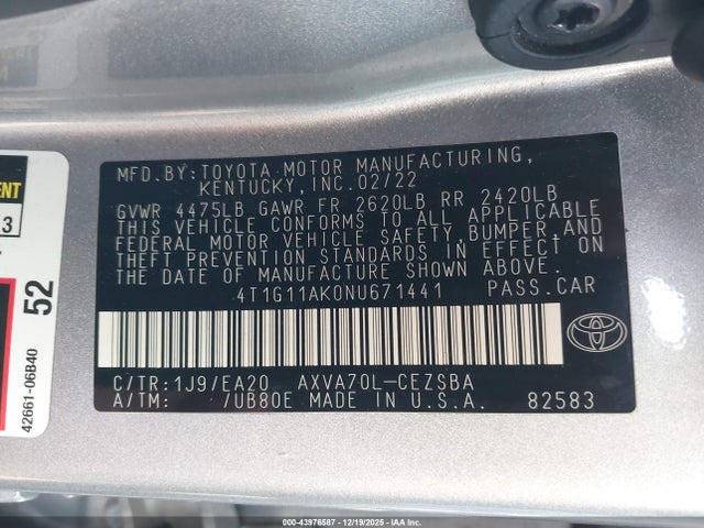 4T1G11AK0NU671441 Toyota CAMRY SE