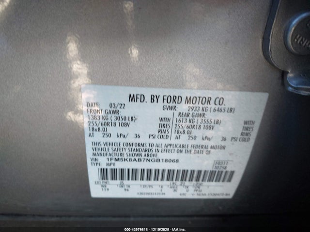 1FM5K8AB7NGB18068 Ford Police Interceptor Utility