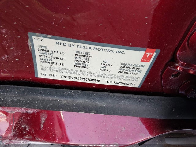2012 TESLA MODEL S 5YJSA1DP8CFS00648 Photo 8
