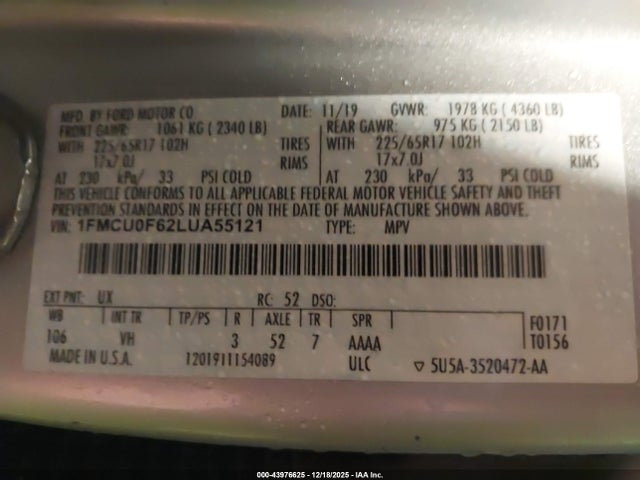 Ford ESCAPE S 2020 1FMCU0F62LUA55121 Image 9