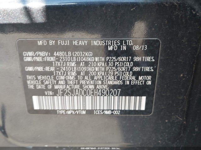 43976649 :رقم المزاد ، JF2SJADC0EH490207 vin ، 2014 Subaru Forester 2.5i Premium مزاد بيع