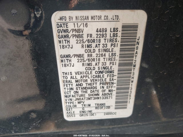 43976658 :رقم المزاد ، JN8AT2MT3HW133571 vin ، 2017 Nissan Rogue Sl مزاد بيع