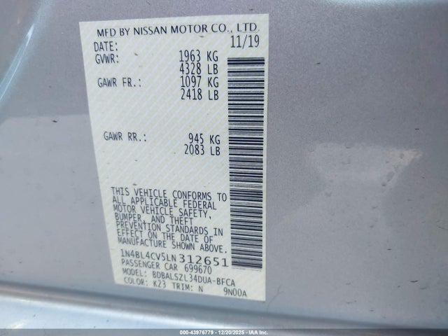 1N4BL4CV5LN312651 Nissan Altima Sr Fwd