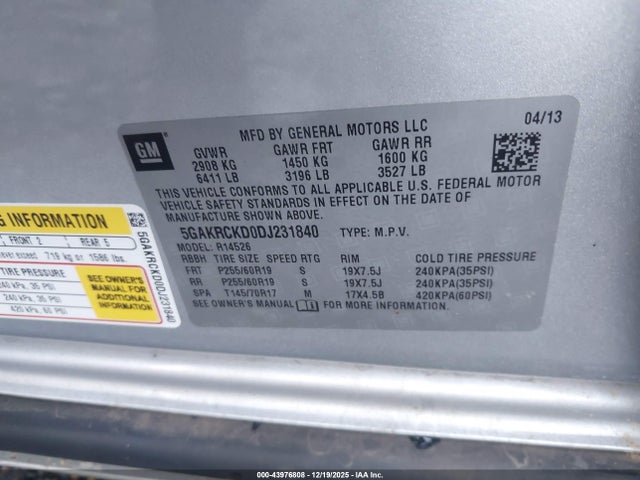 Aukcja sprzedaży 2013 Buick Enclave Leather, vin: 5GAKRCKD0DJ231840, numer aukcji: 43976808
