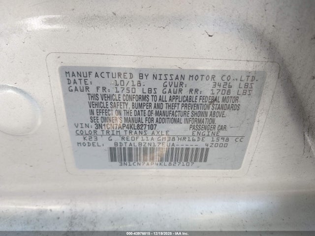 3N1CN7AP4KL827107 Nissan Versa 1.6 Sv
