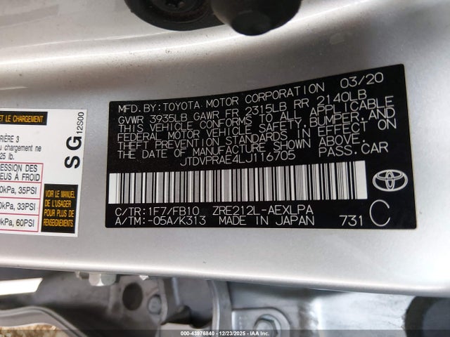 JTDVPRAE4LJ116705 Toyota COROLLA LE