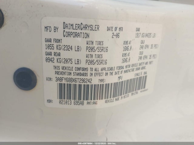 Aukcja sprzedaży 2006 Chrysler Pt Cruiser Limited, vin: 3A8FY68BX6T296242, numer aukcji: 43976864