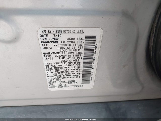 43976872 :رقم المزاد ، JN8AT2MT8LW005576 vin ، 2020 Nissan Rogue Sv Fwd مزاد بيع