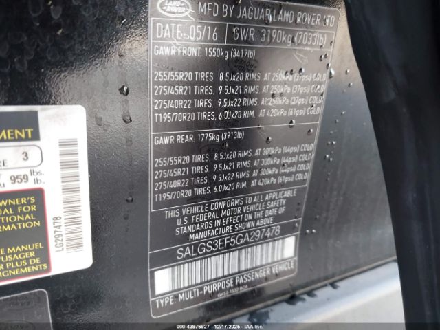 2016 LAND ROVER RANGE ROVER SALGS3EF5GA297478 Photo 8