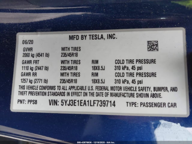 2020 TESLA MODEL 3 5YJ3E1EA1LF739714 Photo 8