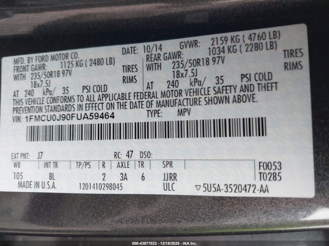 Продажа на аукционе авто 2015 Ford Escape Titanium, vin: 1FMCU0J90FUA59464, номер лота: 43977022