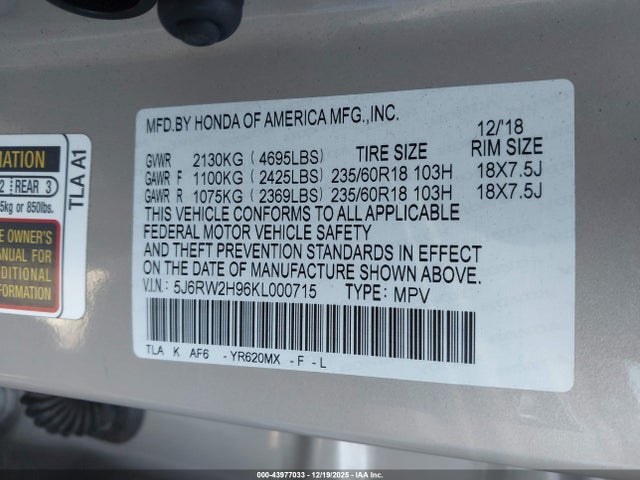 Honda Cr-v Touring 2019 5J6RW2H96KL000715 Image 9