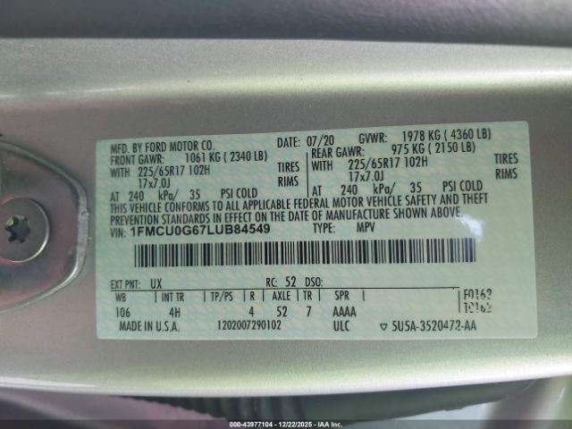 2020 FORD ESCAPE 1FMCU0G67LUB84549 Photo 8