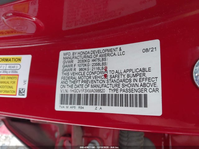 1HGCV1F3XMA098820 Honda Accord Sport