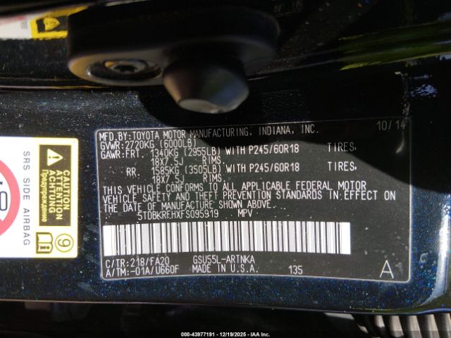 2015 TOYOTA HIGHLANDER 5TDBKRFHXFS095919 Photo 8