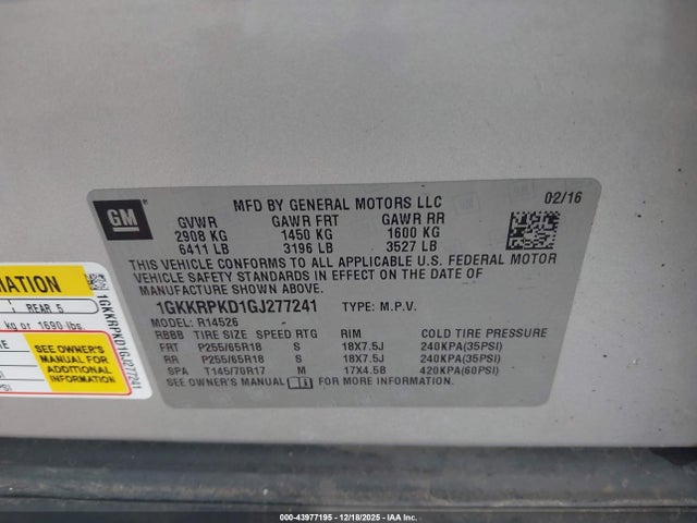 1GKKRPKD1GJ277241 GMC Acadia Sle-2